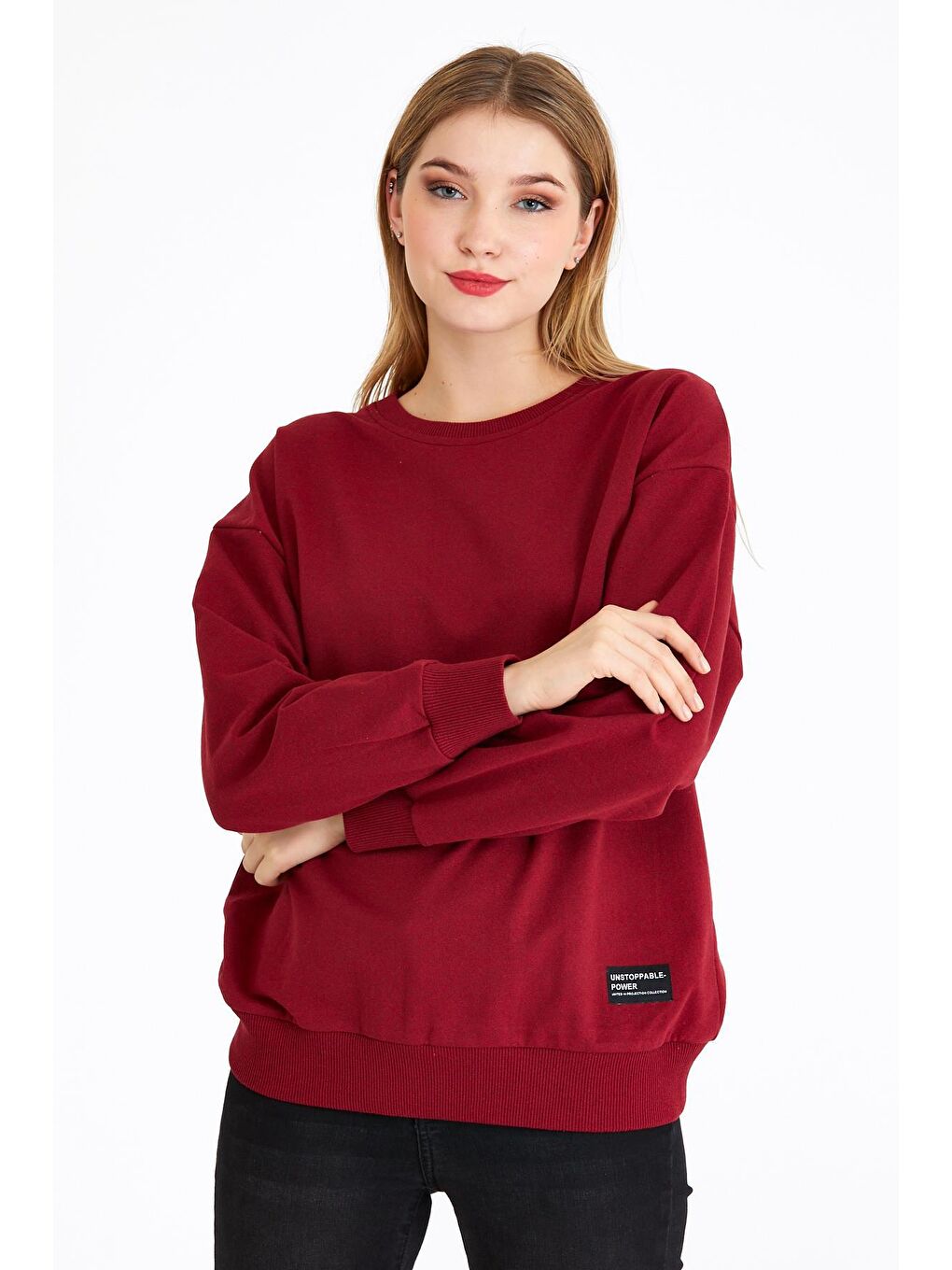 Kadın Bordo Renk Basic Bisiklet Yaka Sweatshirt-1