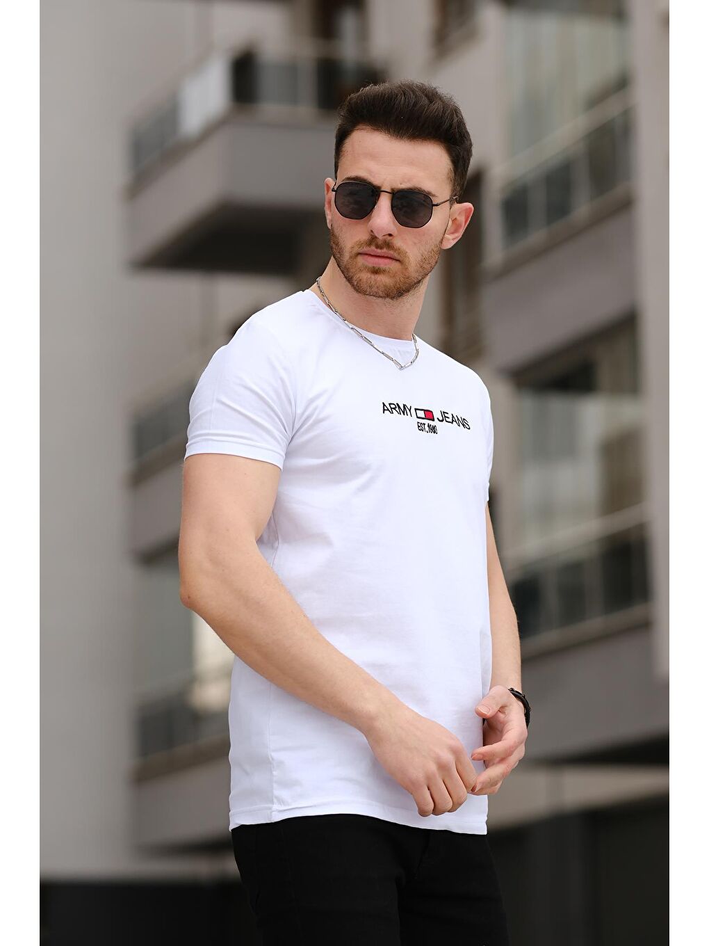 Oksit Beyaz Army Nakışlı Slim Fit Likralı Erkek Tshirt - 1