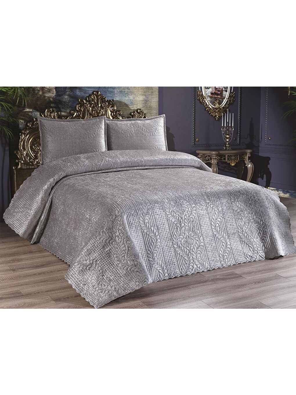 Velica Çift Kişilik Kadife Yatak Örtüsü Gri