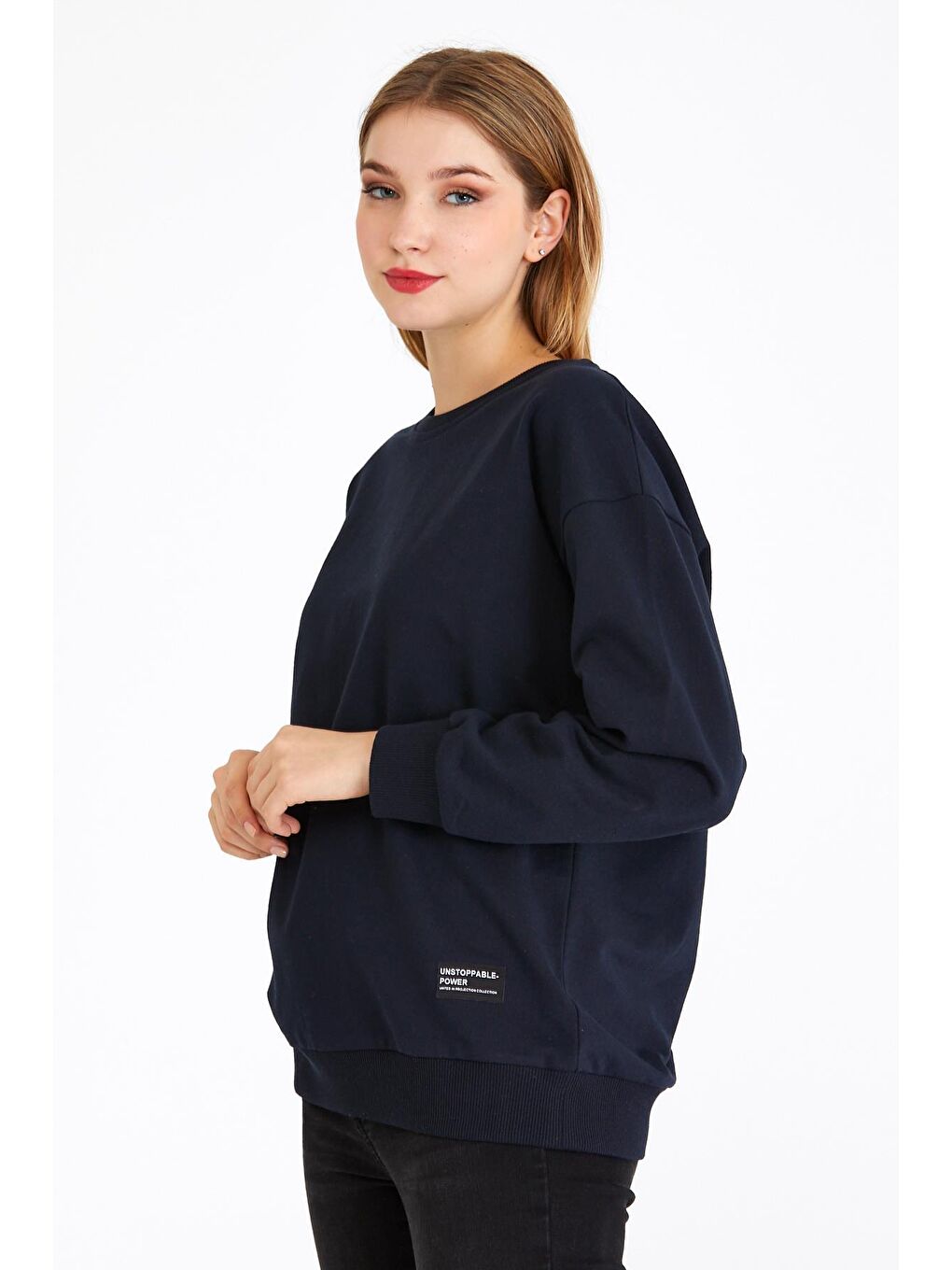 Kadın Lacivert Renk Basic Bisiklet Yaka Sweatshirt-3