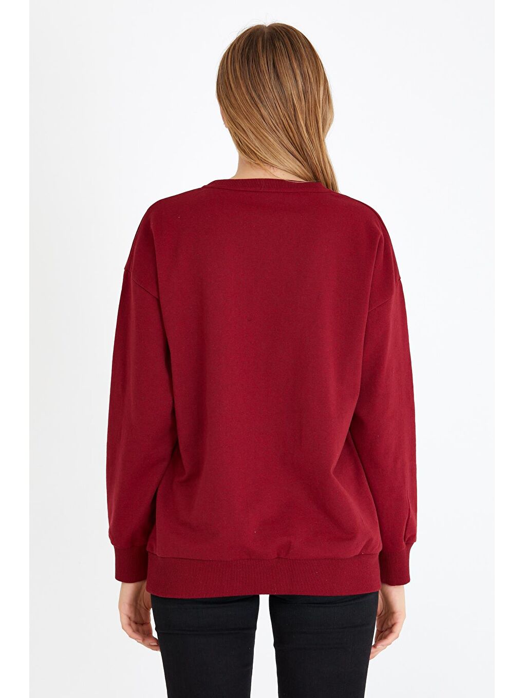 Kadın Bordo Renk Basic Bisiklet Yaka Sweatshirt-5