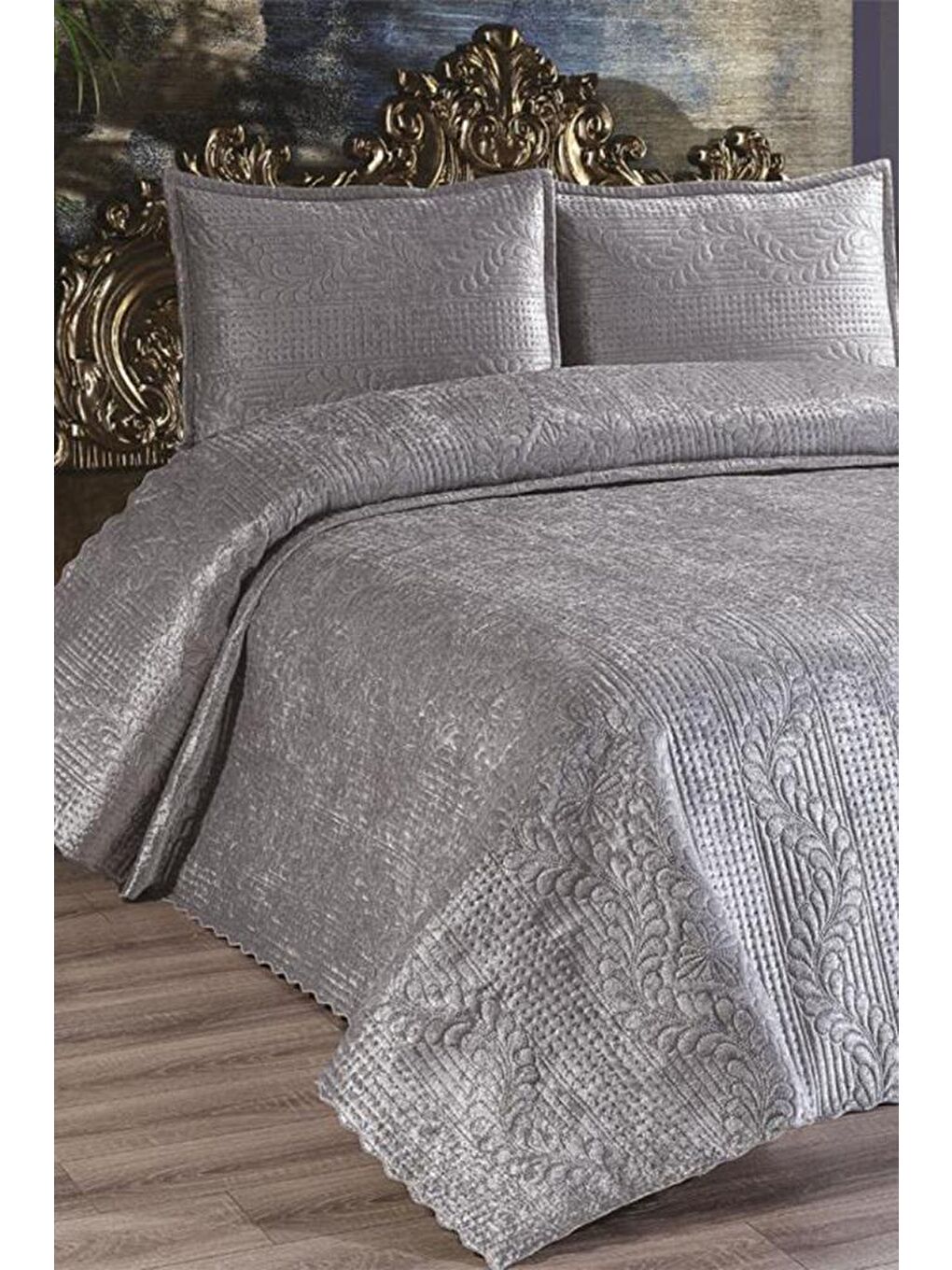 Velica Çift Kişilik Kadife Yatak Örtüsü Gri-1