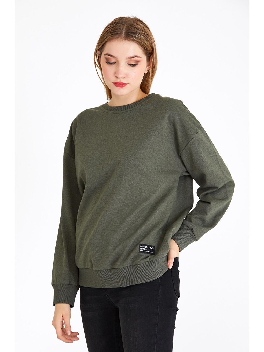 Kadın Haki Renk Basic Bisiklet Yaka Sweatshirt-1