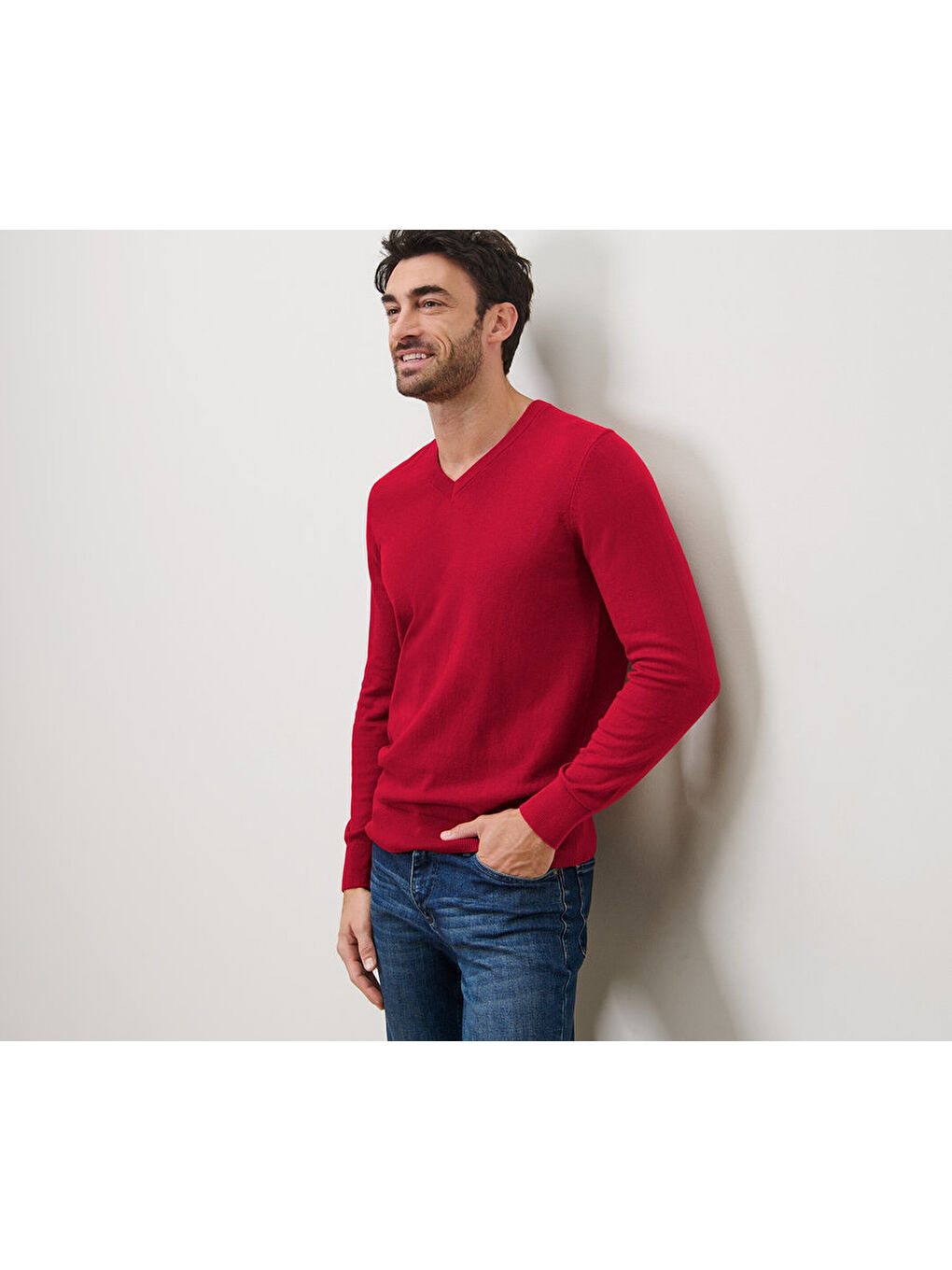 Erkek Kazak, V Yaka, GOTS, Kırmızı