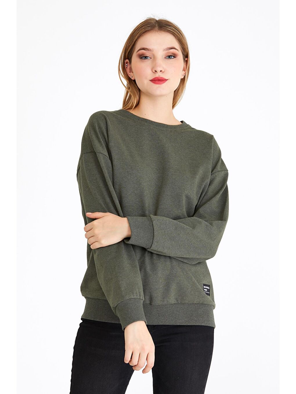 Kadın Haki Renk Basic Bisiklet Yaka Sweatshirt-2