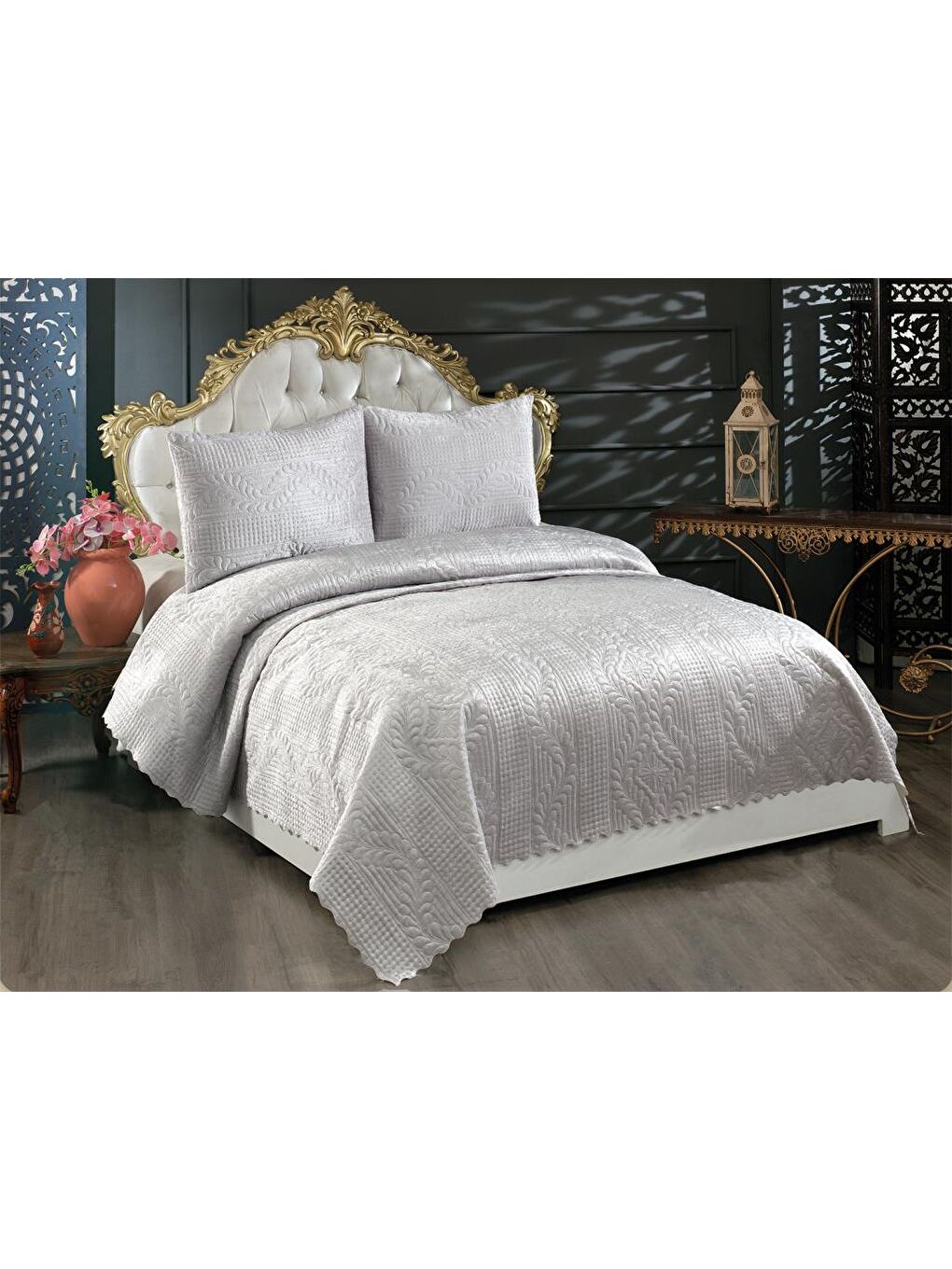 Velica Çift Kişilik Kadife Yatak Örtüsü Gri-2