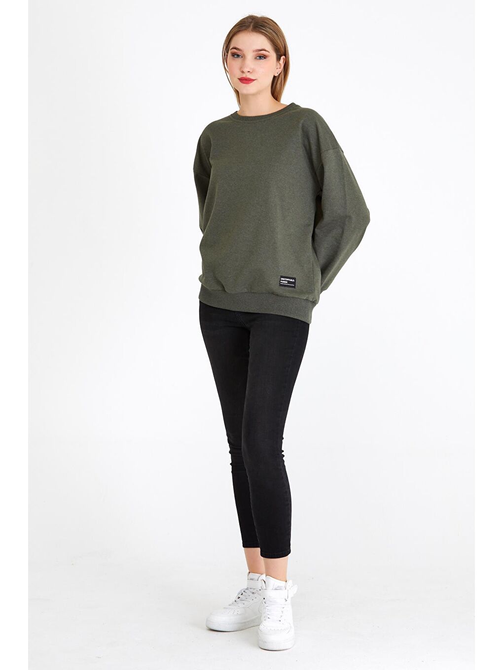 Kadın Haki Renk Basic Bisiklet Yaka Sweatshirt-3