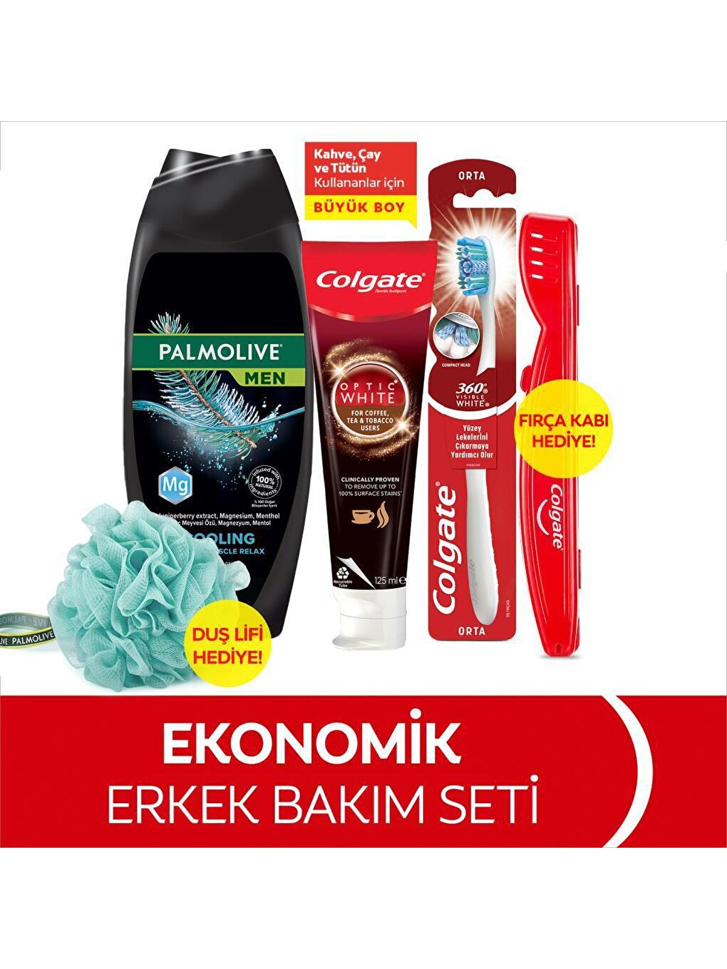 Colgate Beyaz Diş Macunu 125 ml, Orta Diş Fırçası, Palmolive Men Duş Jeli 500 ml + Duş Lifi&Fırça Kabı