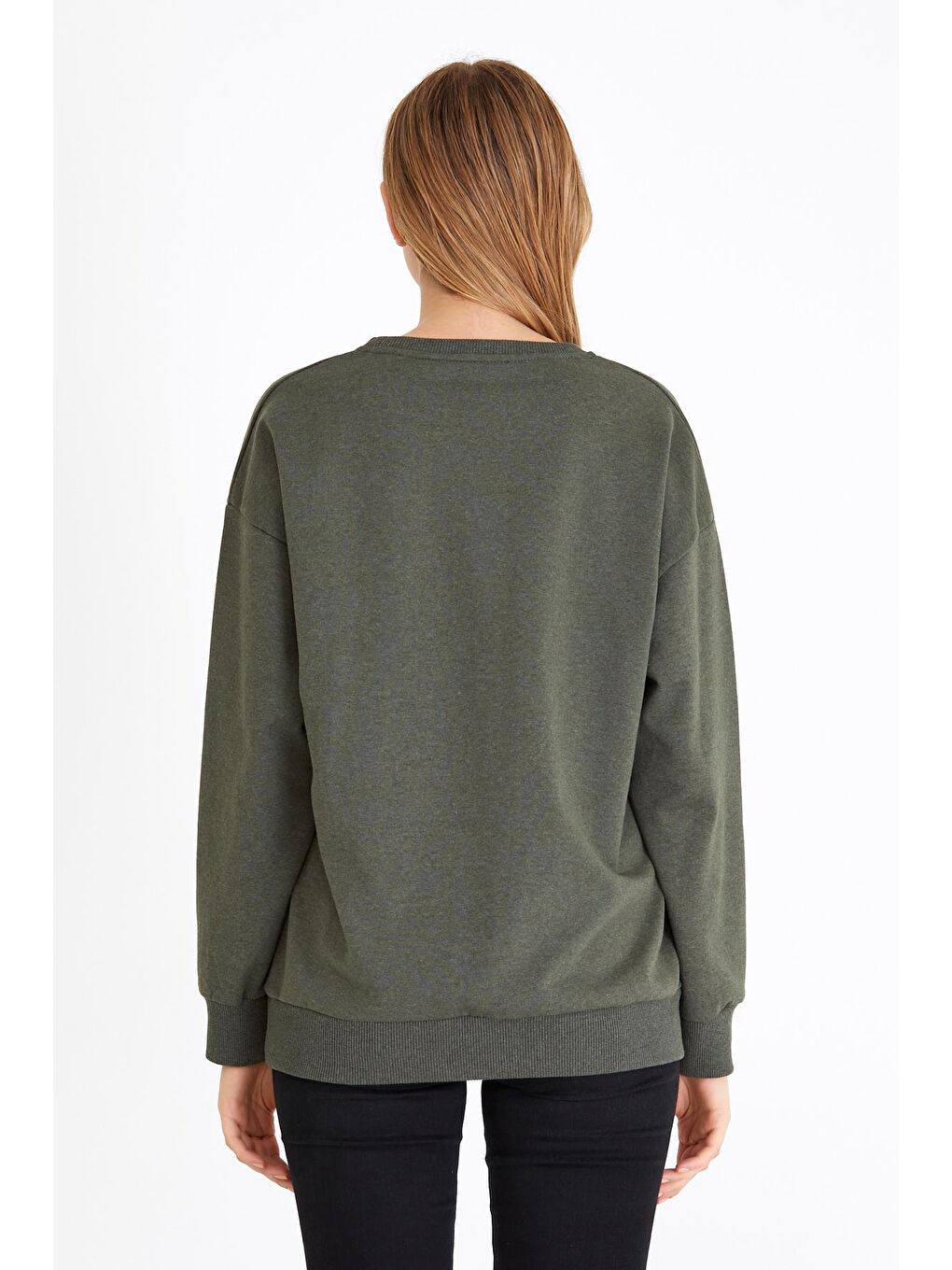 Kadın Haki Renk Basic Bisiklet Yaka Sweatshirt-5