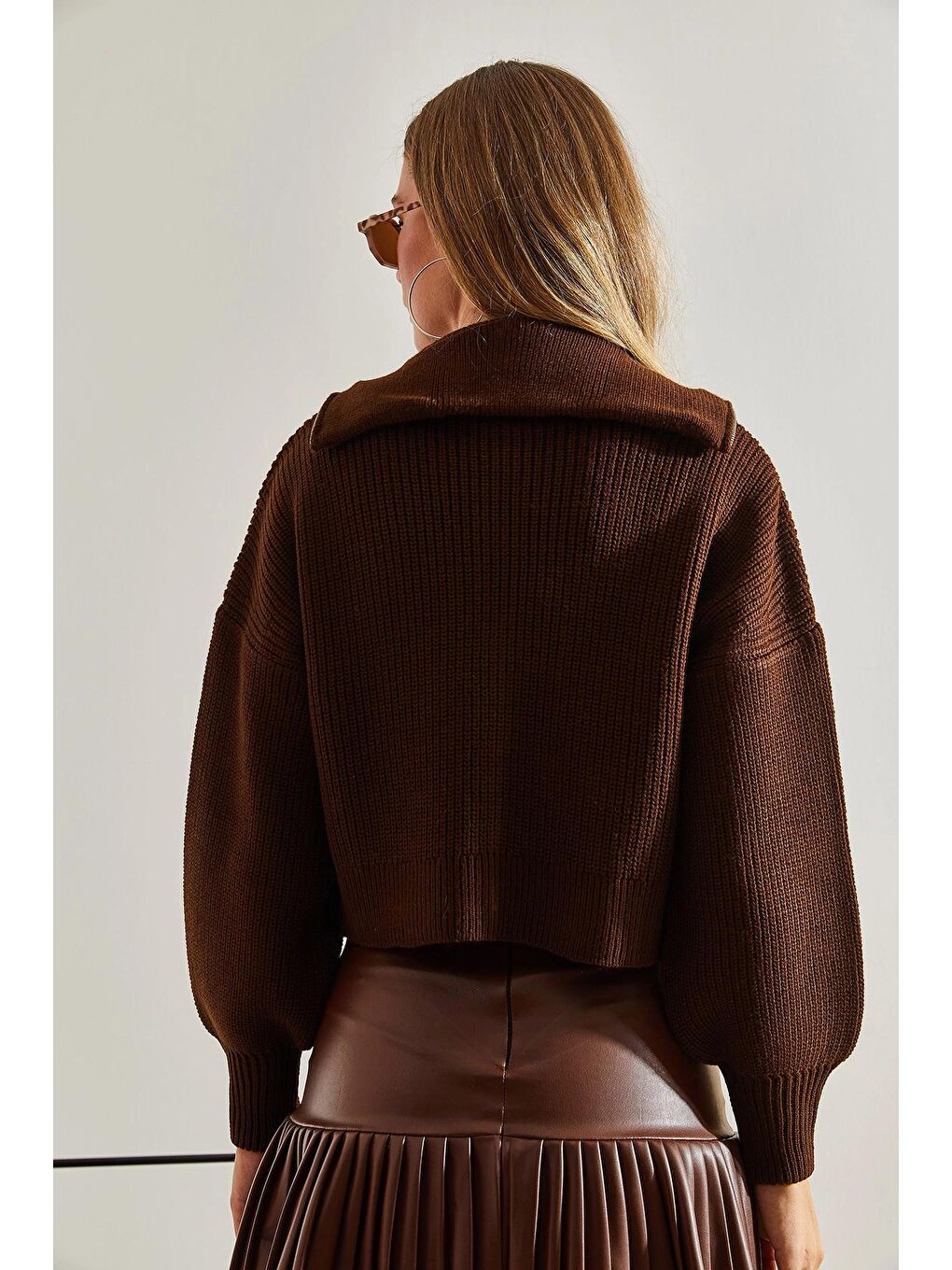 Kahverengi Kadın Fermuarlı Triko Hırka-2