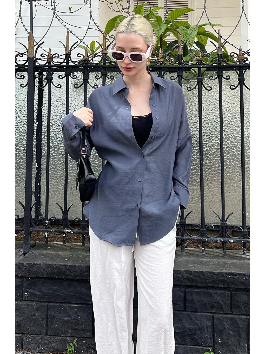 Gri Füme Uzun Kollu Oversize Gömlek Mg2003-1