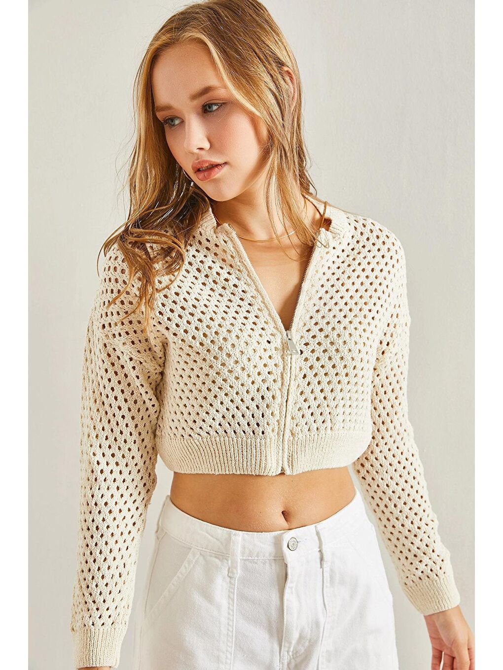 Ekru Kadın Ajurlu Triko Hırka