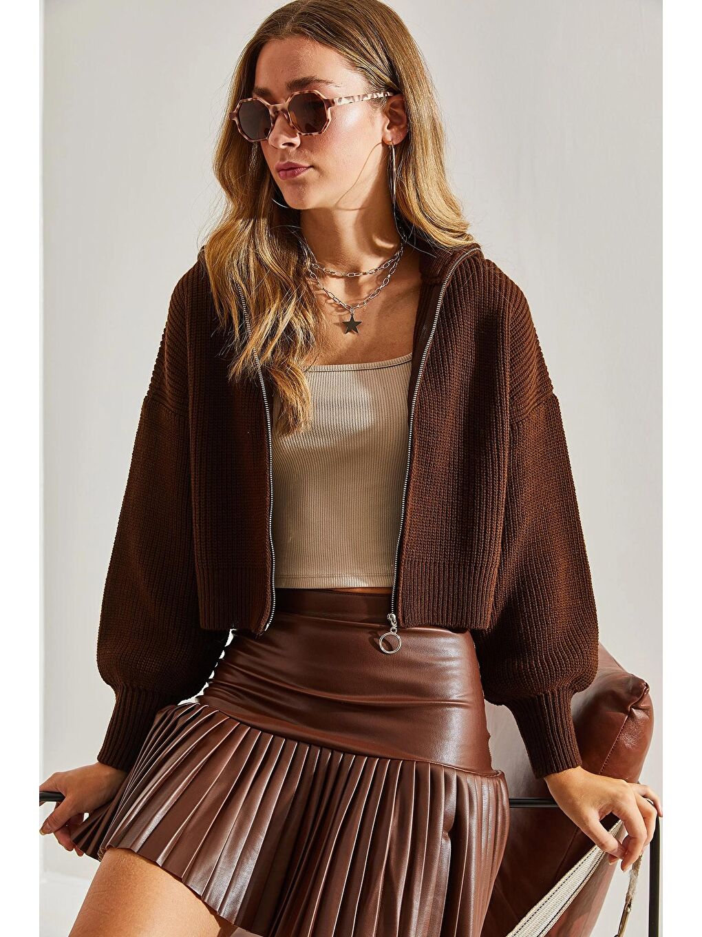 Kahverengi Kadın Fermuarlı Triko Hırka-4