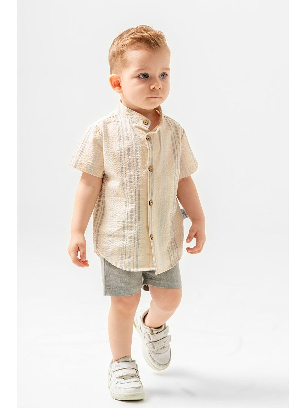 Gri Tarz Gömlek Çizgi Desenli Belden Ayarlanabilir Kısa Kollu Şortlu 2'li Takım-1