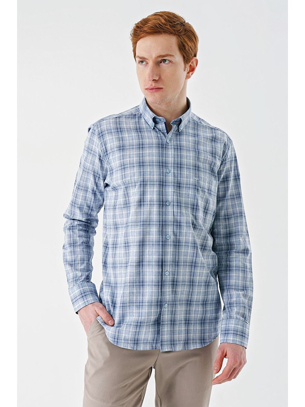 Koyu Mavi Uzun Kollu Ekoseli Cepli Garnili Pamuklu Klasik Comfort Fit Rahat Kesim Gömlek 1004240194