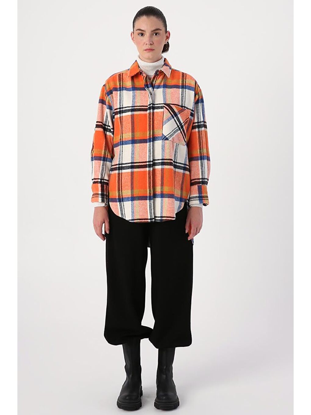 Turuncu Oranj-Ekru-Rahat Kalıp Gömlek Tunik-1