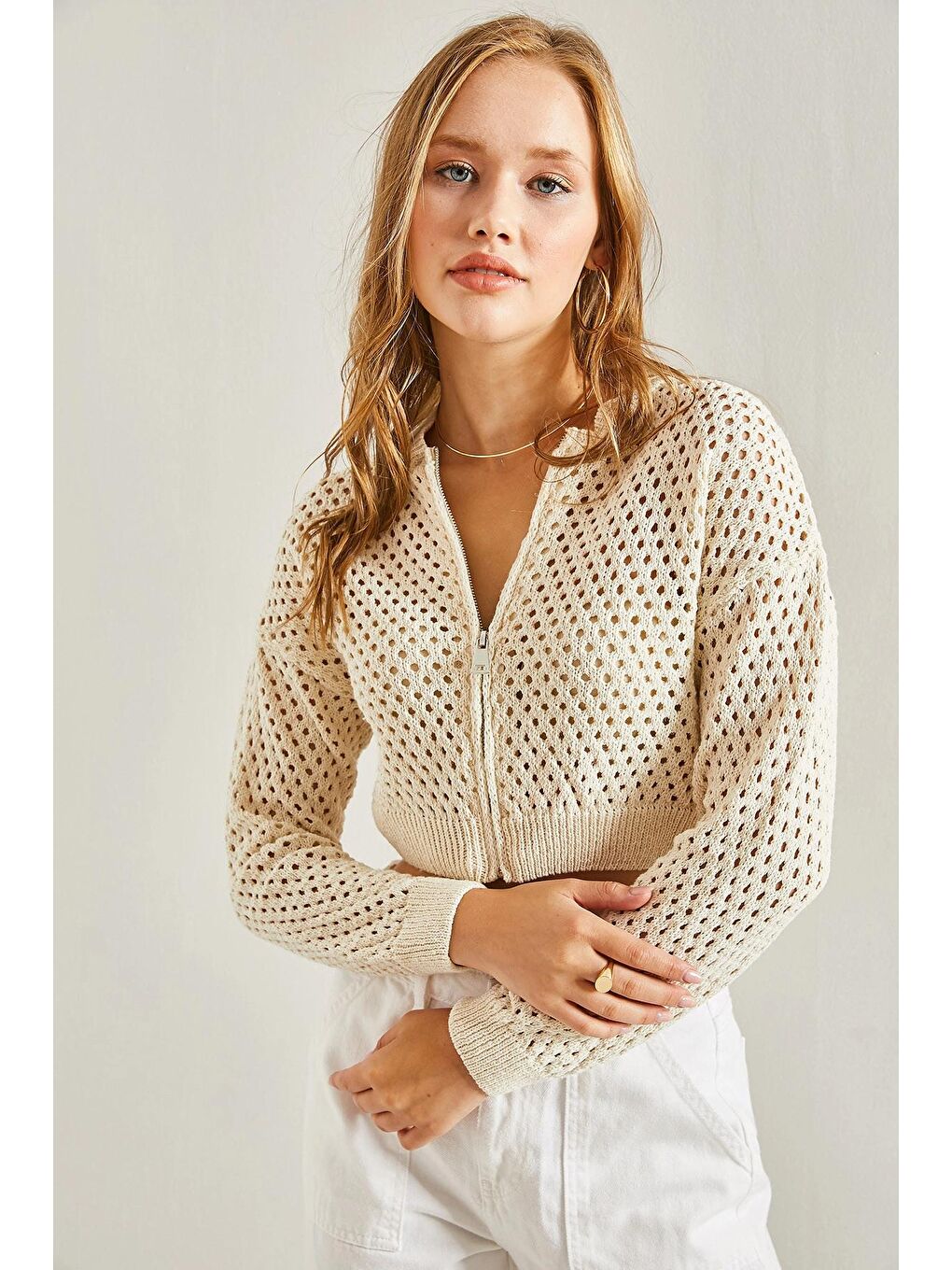 Ekru Kadın Ajurlu Triko Hırka-1