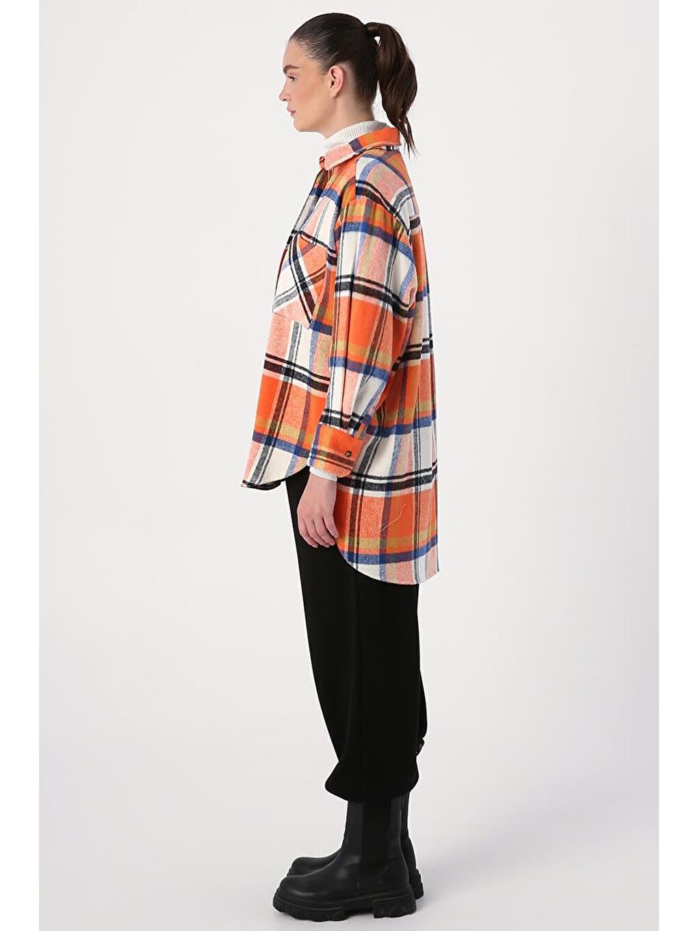 Turuncu Oranj-Ekru-Rahat Kalıp Gömlek Tunik-2