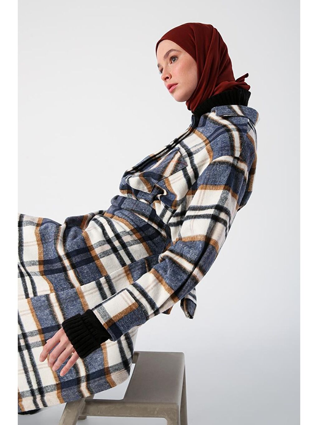 İndigo-Ekru-Rahat Kalıp Gömlek Tunik