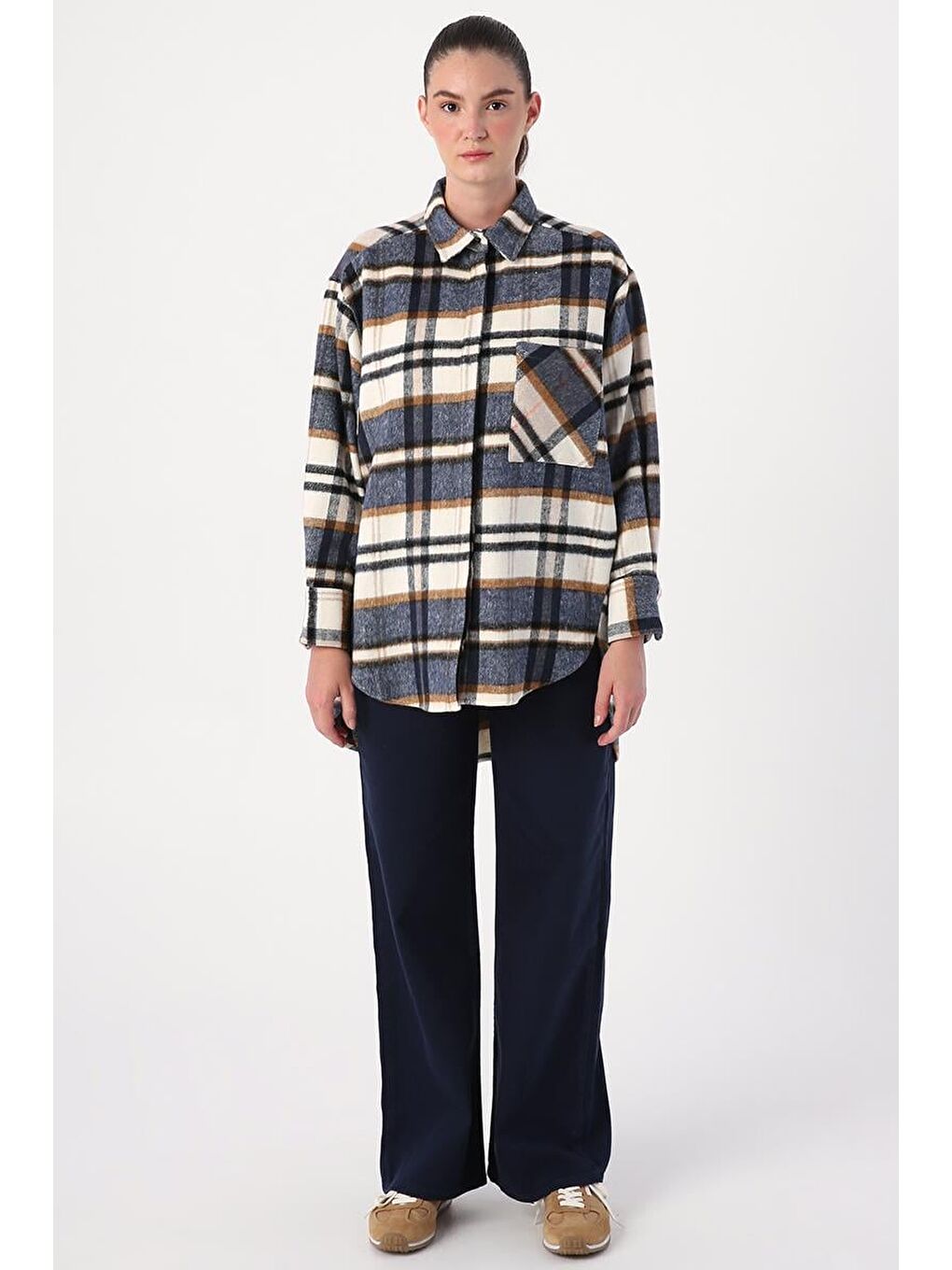 İndigo-Ekru-Rahat Kalıp Gömlek Tunik-1