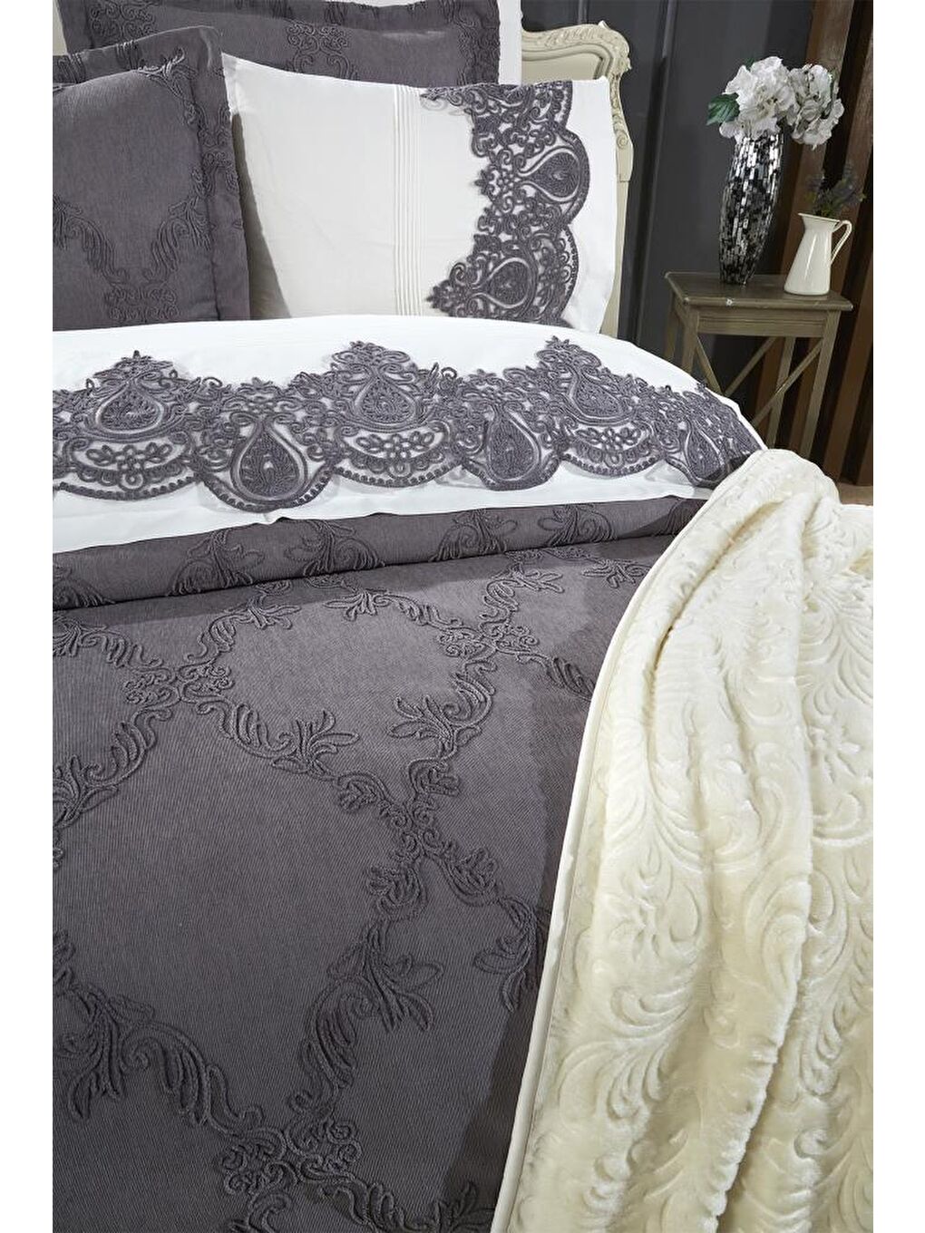 Sahra 10 Parça Battaniyeli Çeyiz Seti Antrasit-4