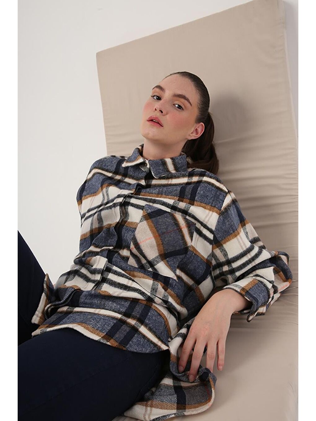 İndigo-Ekru-Rahat Kalıp Gömlek Tunik-4