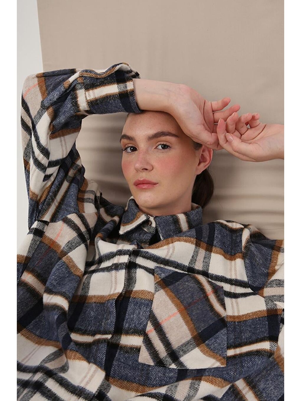 İndigo-Ekru-Rahat Kalıp Gömlek Tunik-5