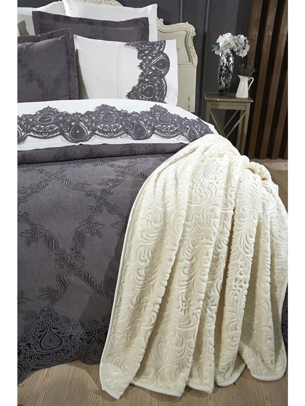 Sahra 10 Parça Battaniyeli Çeyiz Seti Antrasit-7