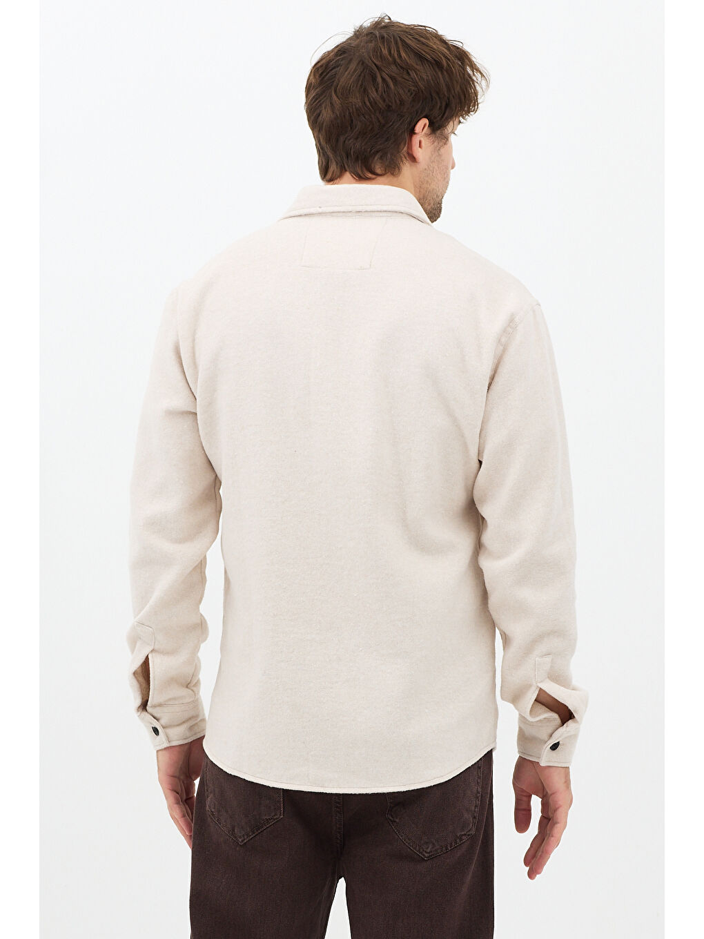 Erkek Kırık Beyaz Gömlek Yaka Düğmeli Oduncu Gömlek-1