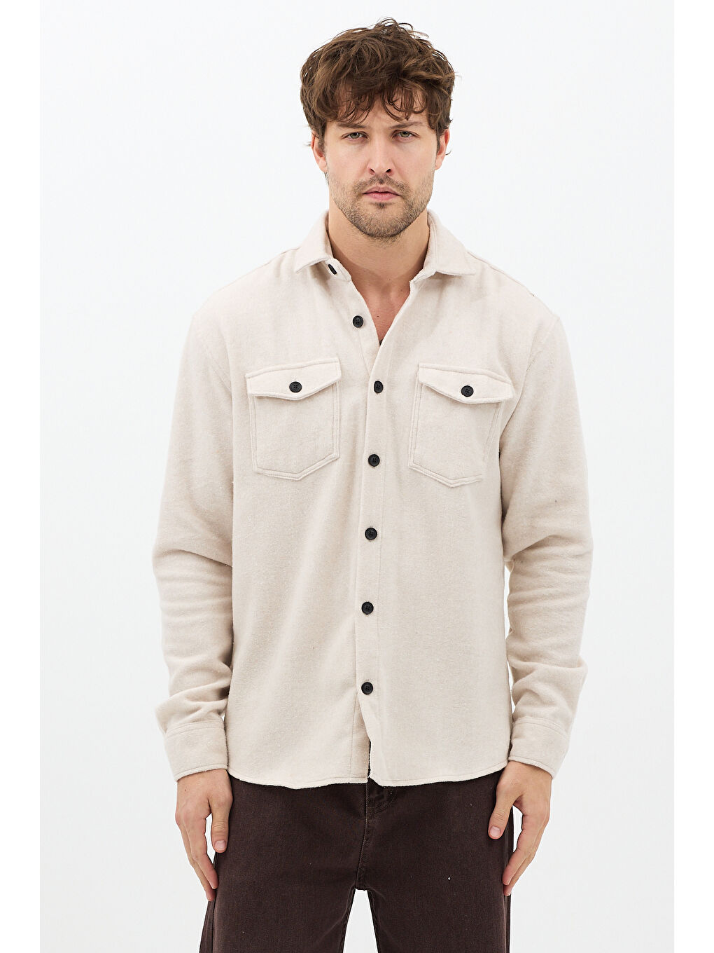 Erkek Kırık Beyaz Gömlek Yaka Düğmeli Oduncu Gömlek-3