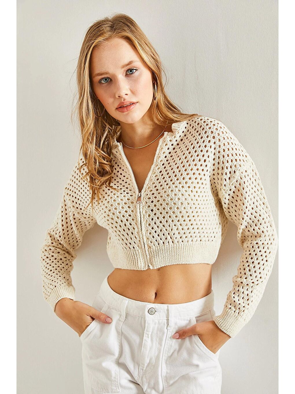 Ekru Kadın Ajurlu Triko Hırka-3