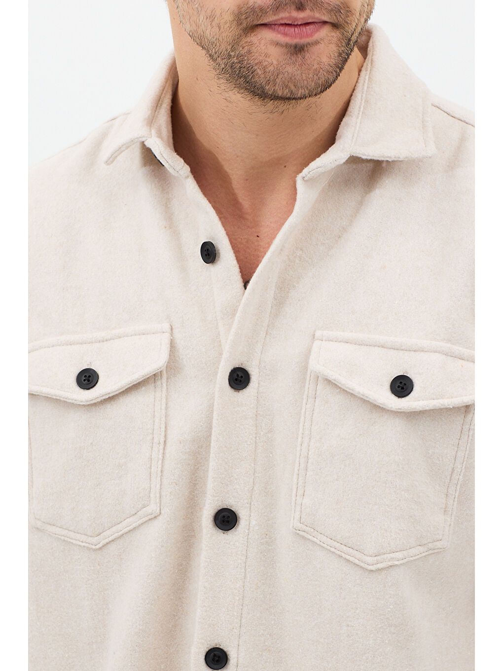 Erkek Kırık Beyaz Gömlek Yaka Düğmeli Oduncu Gömlek-4