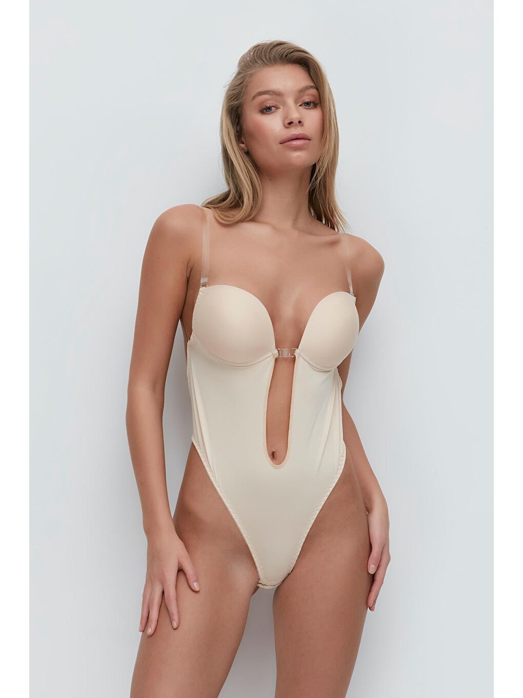 C&City Bej Kaplı Dekolte Çıtçıtlı Body 7148 Ten