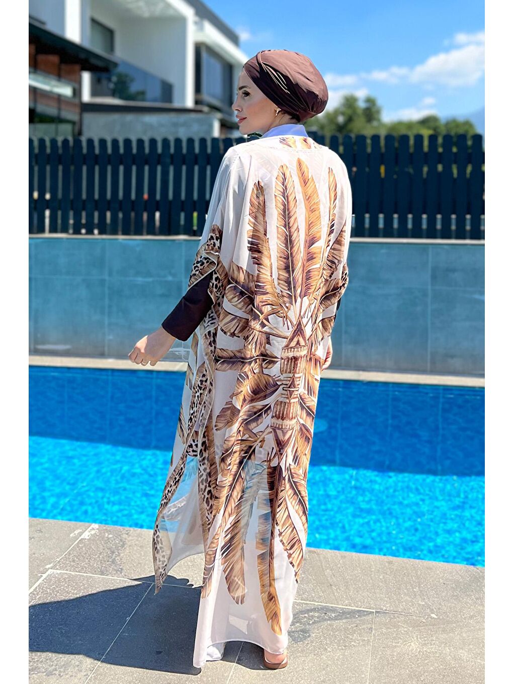 Remsa Mayo Kahverengi Tesettür Mayo Üzerine Desenli Tek Kaftan Pareo 430-300 Maldiv Kahve - 2