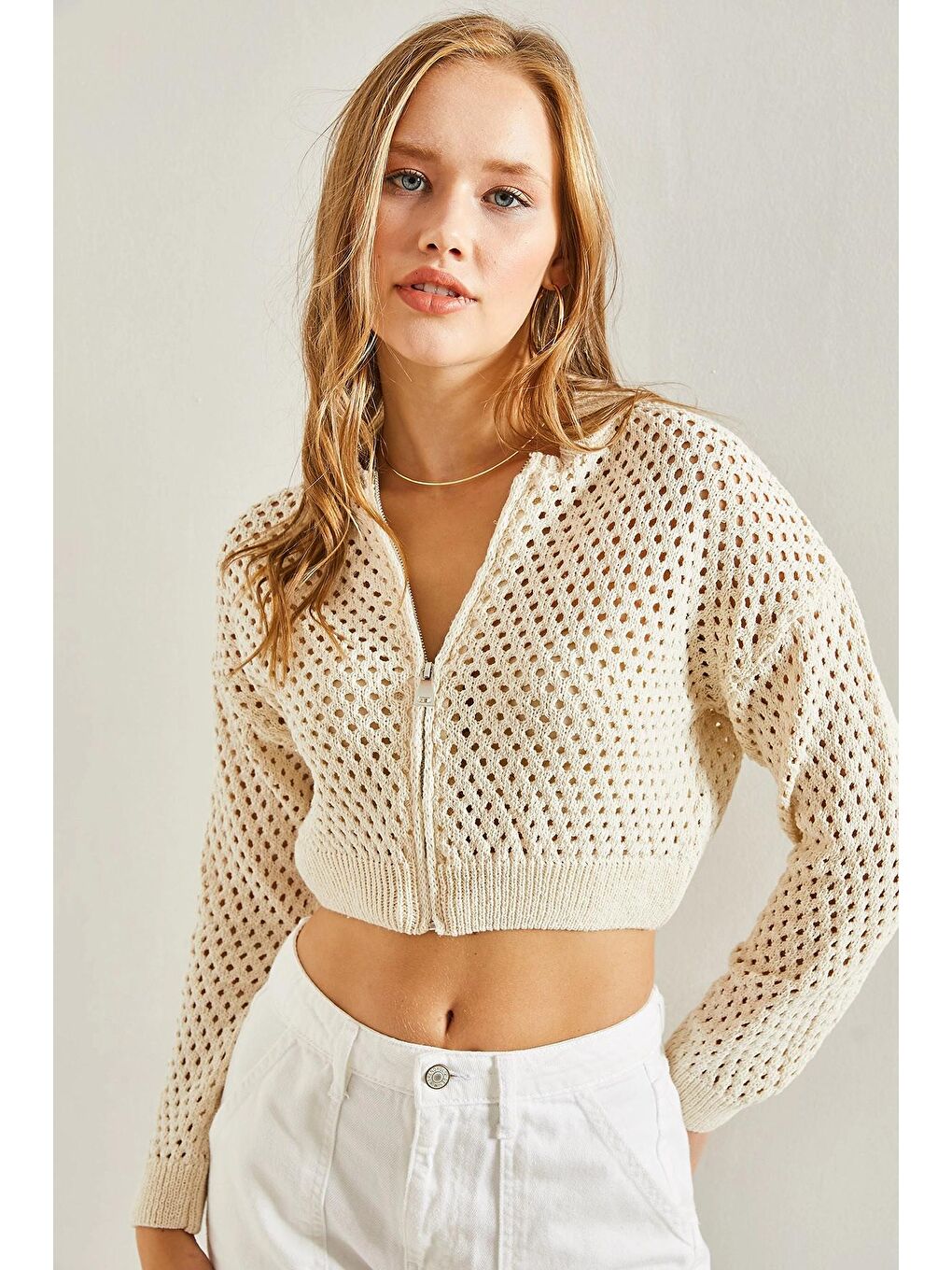 Ekru Kadın Ajurlu Triko Hırka-4