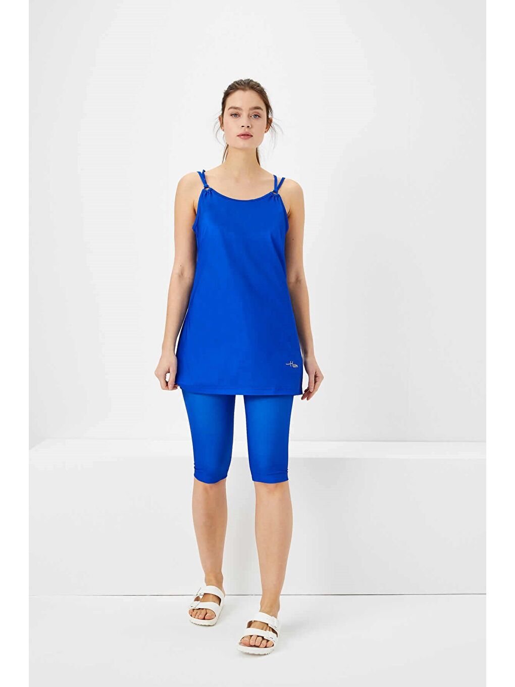 İnce Askılı Saks Mavisi 3 Parça Yarı Kapalı Mayo Takımı 2851