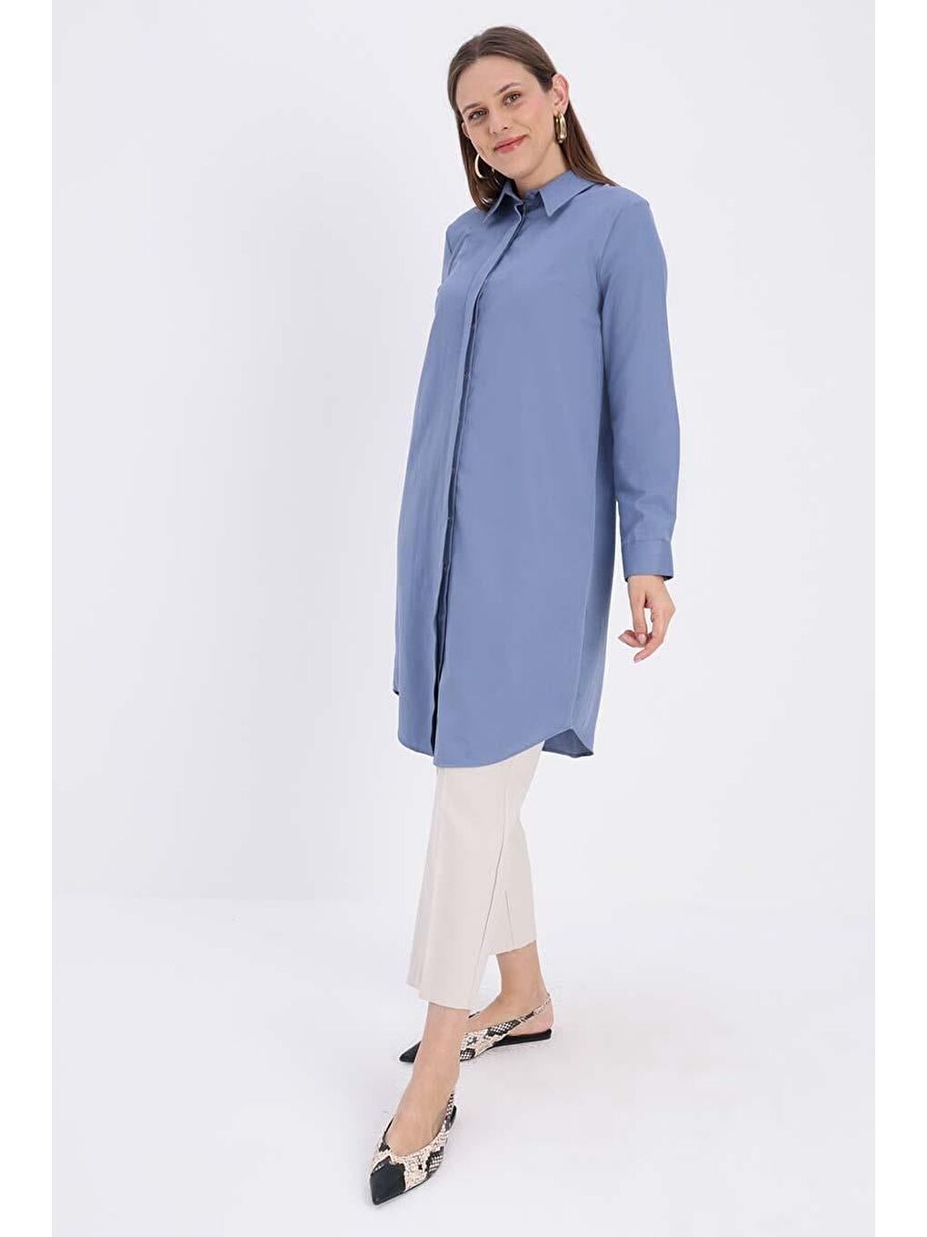 Soft Mavi-Gizli Patlı Gömlek Tunik