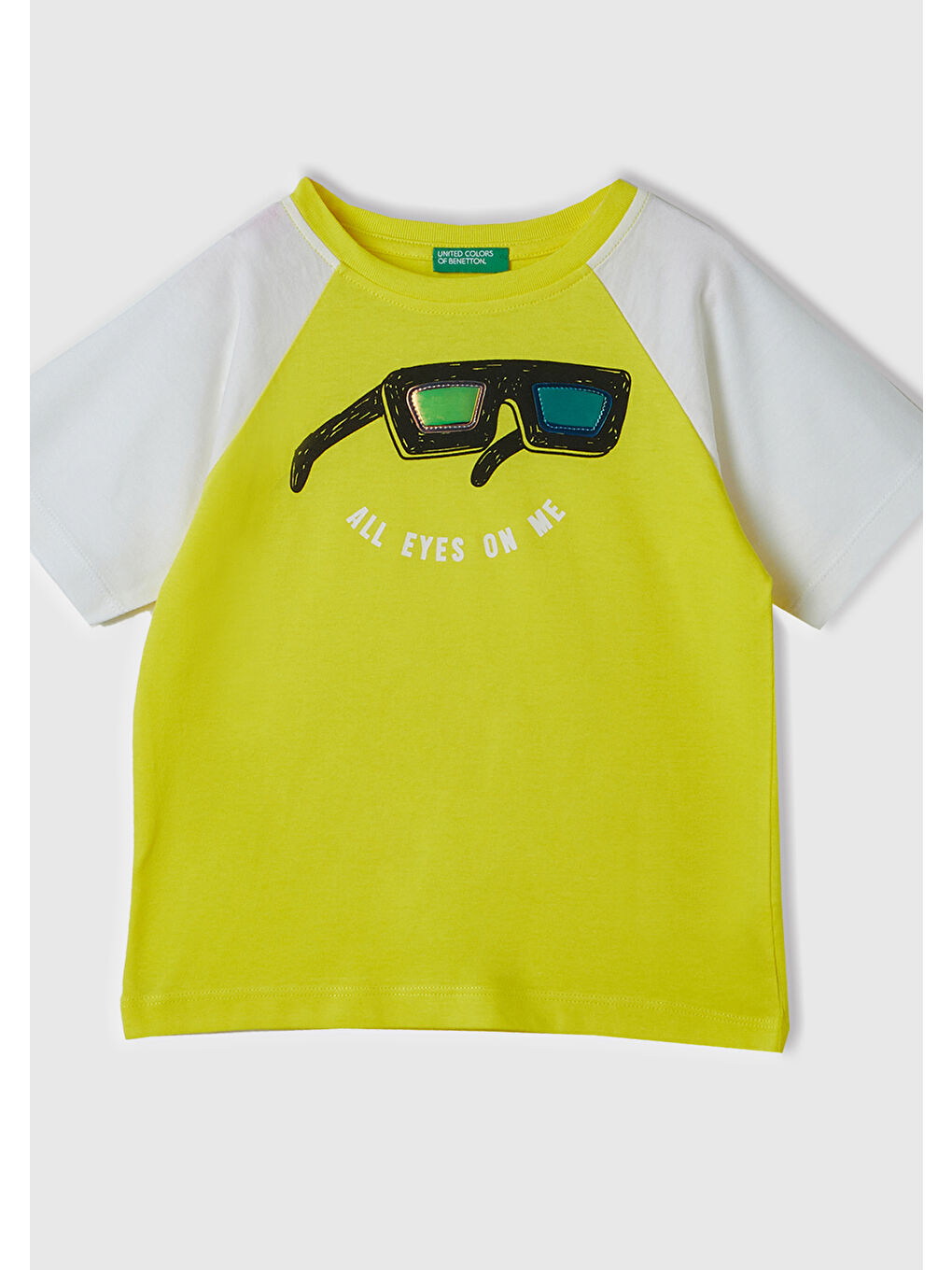 United Colors Of Benetton Neon Sarı Erkek Çocuk Neon Sarı Önü Aplikeli Blok Renkli Reglan Kol Bisiklet Yaka T-Shirt