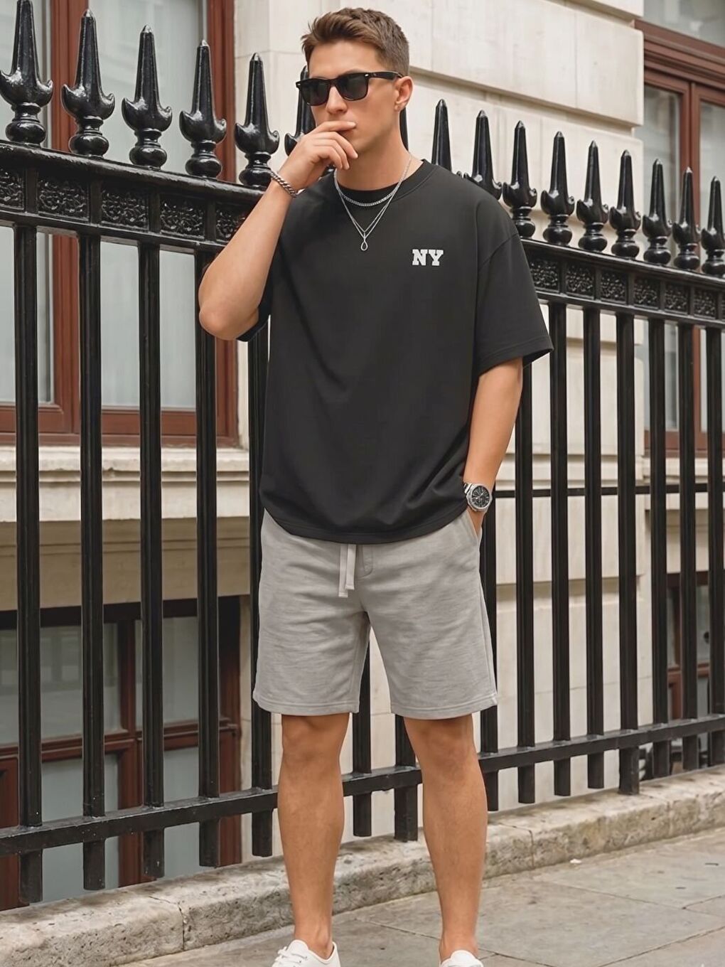 Gri Logo Baskılı Oversize Erkek Kısa Kollu Tişört-1