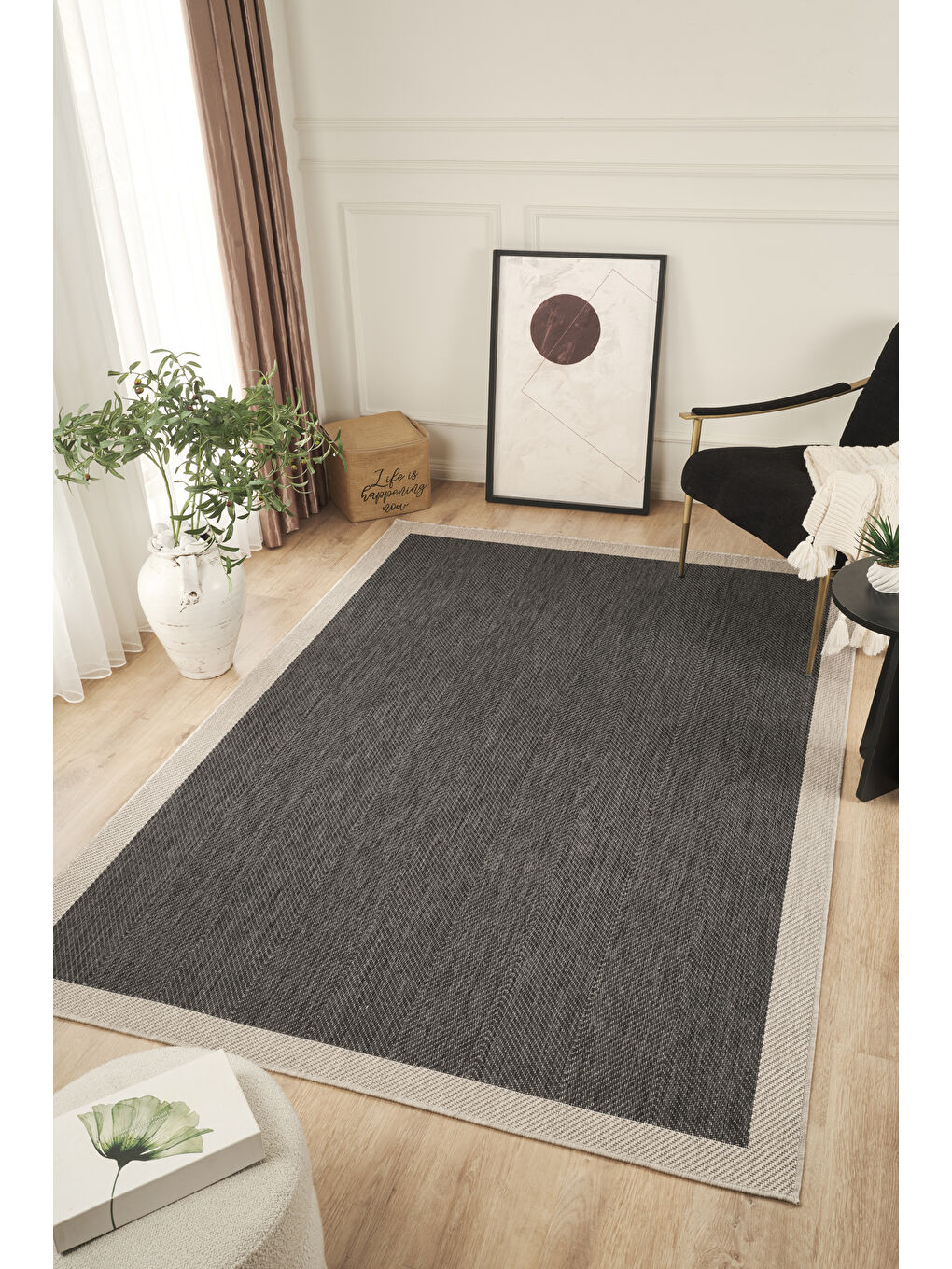 Sisalux 3089 Antrasit Sisal Dokuma Jüt Kilim Hav Toz Vermez Halı Salon Mutfak Oda Halısı-80x150