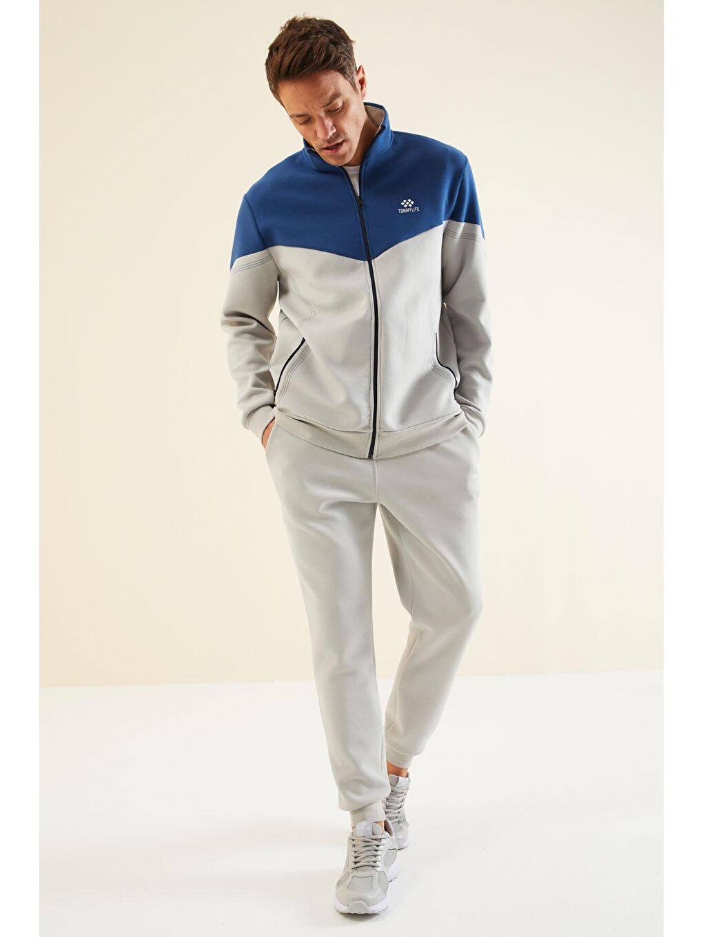 Bej Taş Renk Bloklu Jogger Erkek Eşofman Takım - 85237