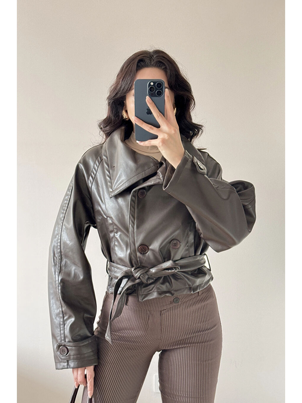 Kahverengi Kadın Kahve Düğmeli İnce Deri Ceket 0999-8505-1