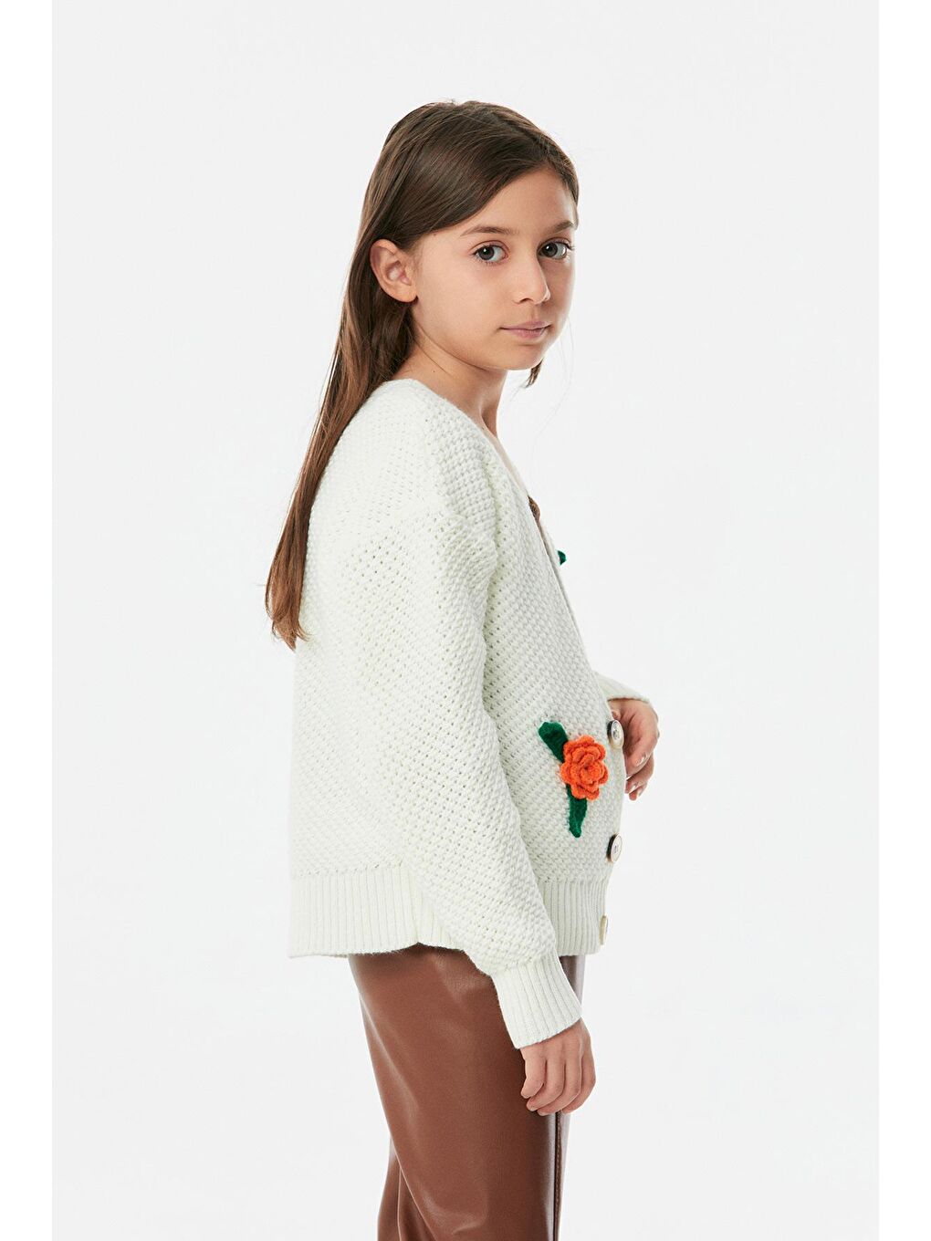Ekru Çiçek Detaylı Kız Çocuk Triko Hırka-1