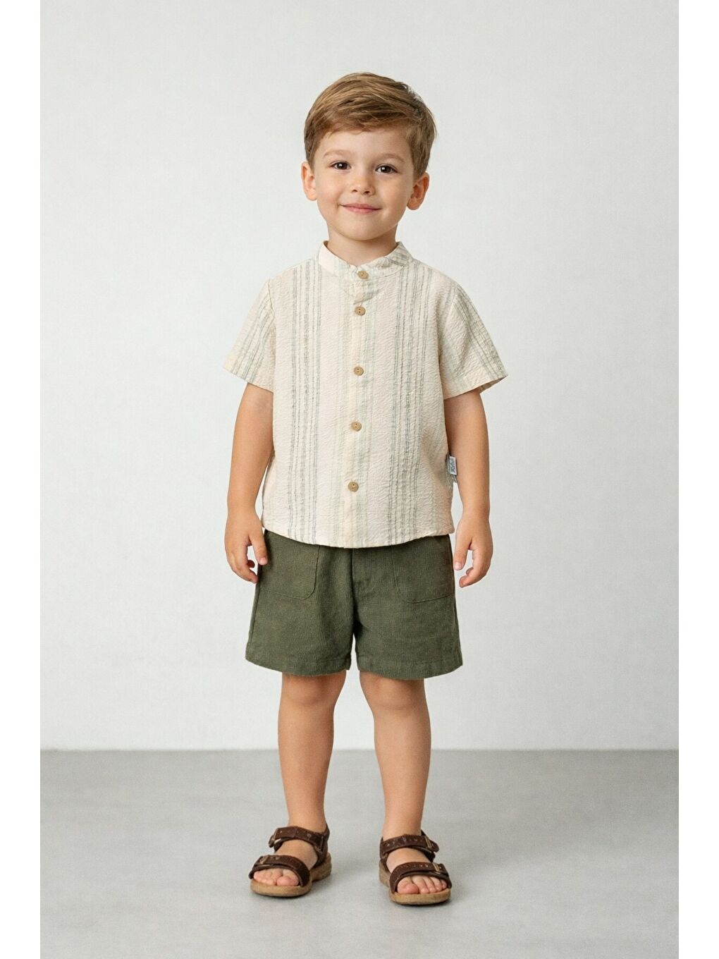 Haki Tarz Gömlek Çizgi Desenli Belden Ayarlanabilir Kısa Kollu Şortlu 2'li Takım