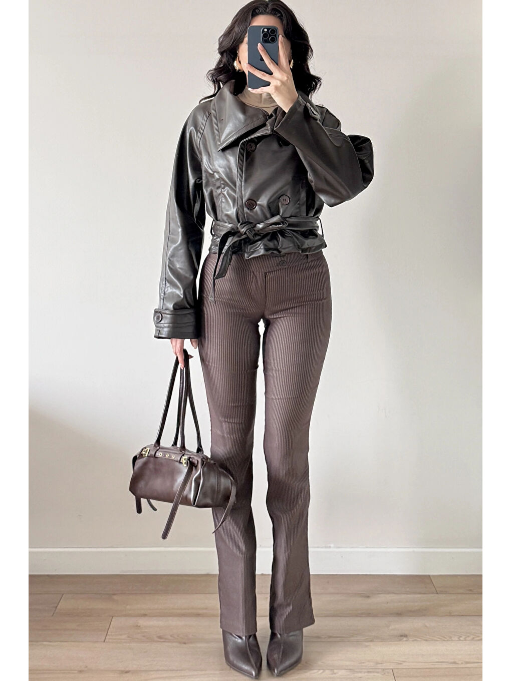 Kahverengi Kadın Kahve Düğmeli İnce Deri Ceket 0999-8505-3