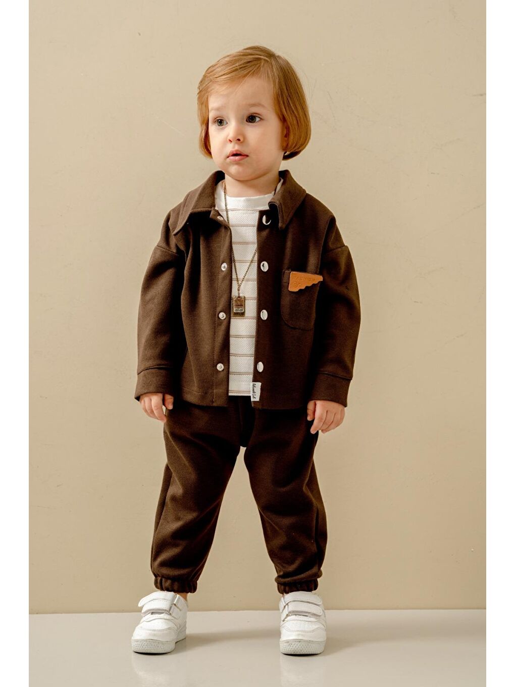Erkek Çocuk Kahverengi Düğmeli Ceket Pantolon Ve T Shirt Takım-1