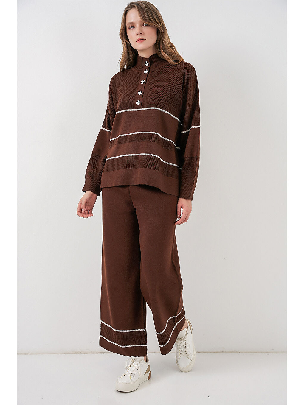 Kadın Çizgili Oversize Triko İkili Takım 15957 - Kahverengi
