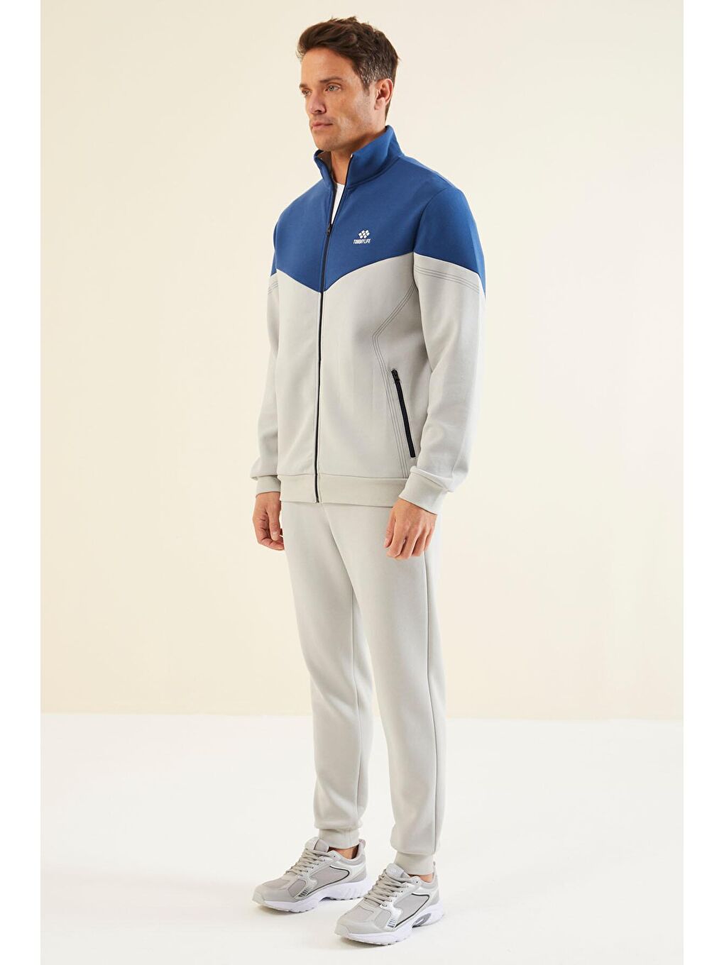 Bej Taş Renk Bloklu Jogger Erkek Eşofman Takım - 85237-2