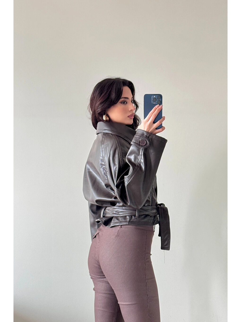 Kahverengi Kadın Kahve Düğmeli İnce Deri Ceket 0999-8505-4