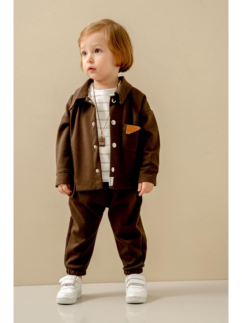Erkek Çocuk Kahverengi Düğmeli Ceket Pantolon Ve T Shirt Takım-2